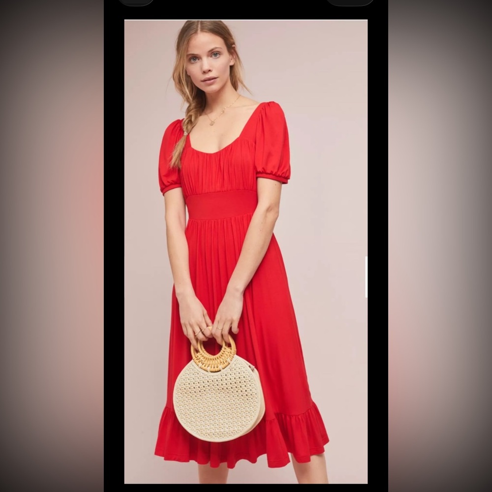 Anthro Grandeur Red Puff Sleeve Midi Dress. Ruched Bodice, Super Soft Knit, Sz L